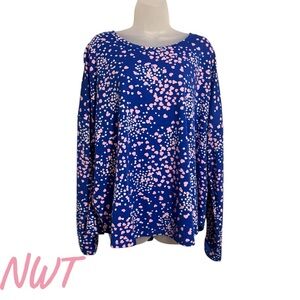 NWT BLUE w/PINK HEARTS ROUNDED HEM LONG SLEEVES TOP PLUS: 2X #CL